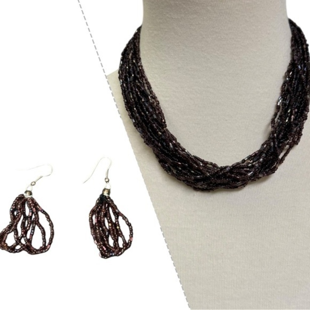 Handmade Seed Bead Necklace & Earring Set – Multi-Strand Statement Plum Purple